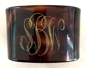 Vtg Mid Century Lucite Faux Tortoise Shell SBW Monogram Cuff Bracelet Small